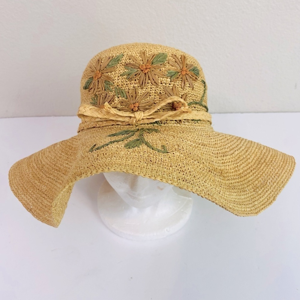 Callanan Straw Embroidered Flower Wide Brim Sun Hat OS